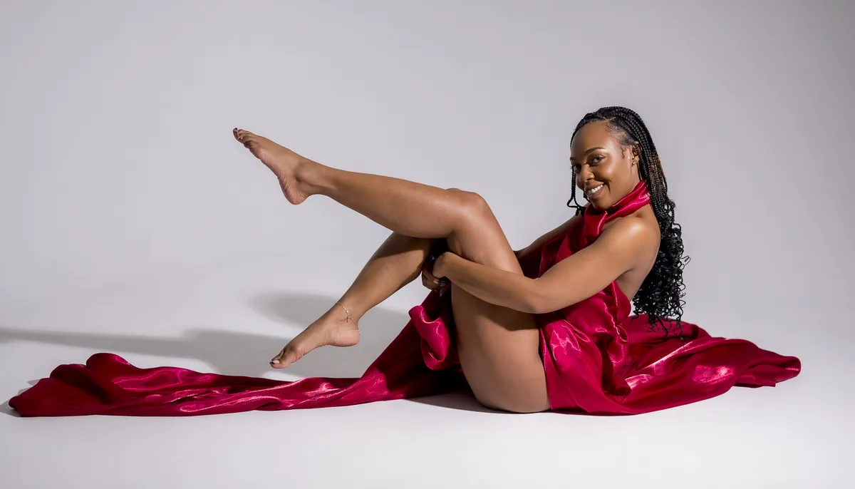 Black woman smiling in red silk during playful boudoir photo shoot in Denver
studio